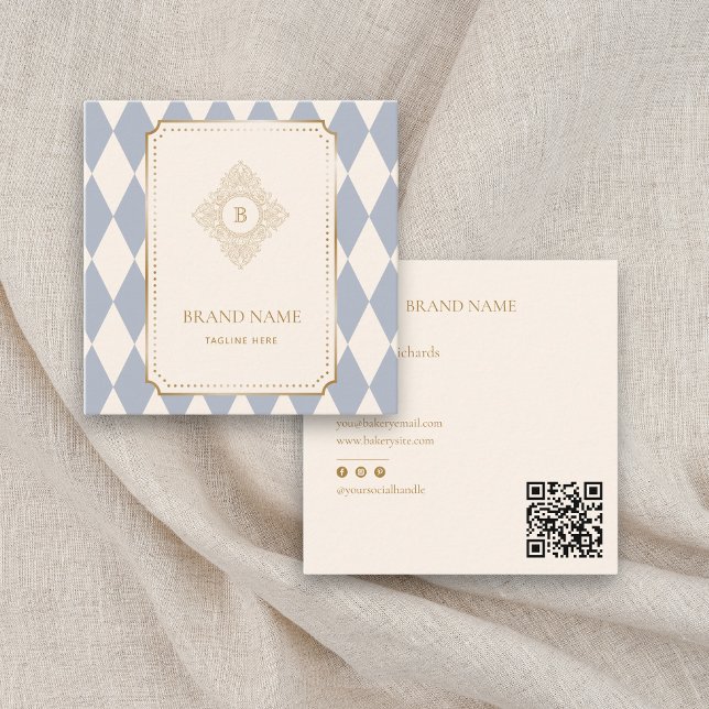 Carte De Visite Carré Elegant Checkered Diamond Gold Accent QR Brand (Créateur téléchargé)