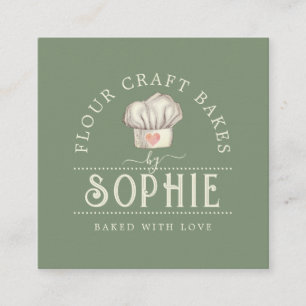 Carte De Visite Carré Élégant chef pâtissier Baker Logo Crème Sage Green