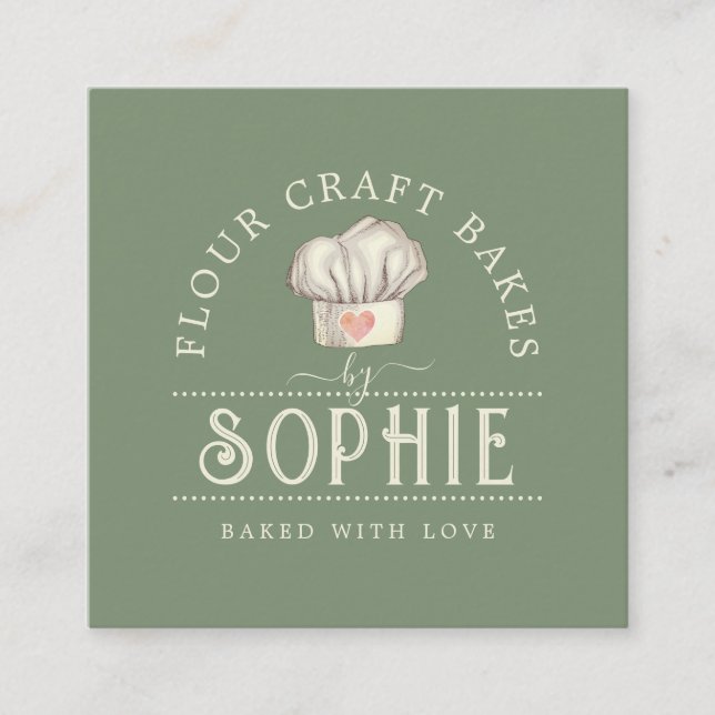 Carte De Visite Carré Élégant chef pâtissier Baker Logo Crème Sage Green (Devant)