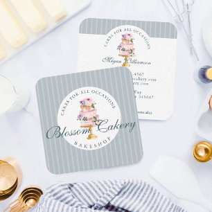 Carte De Visite Carré Elégant & Chic Blue Aquarelle Floral Cake Bakery