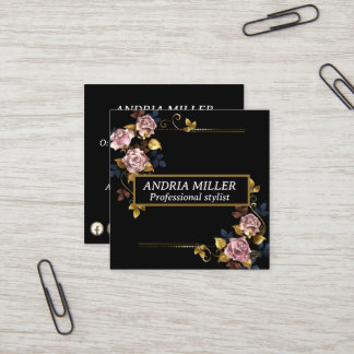 Carte De Visite Carré Élégant Chic Vintage Floral professionnel code Qr
