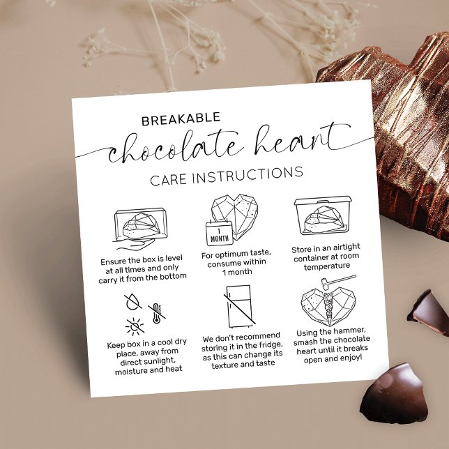 Carte De Visite Carré Élégant Chocolat Chocolat Instructions pour les so (Elegant breakable chocolate heart customer care instructions cards, perfect to add to your boxes)
