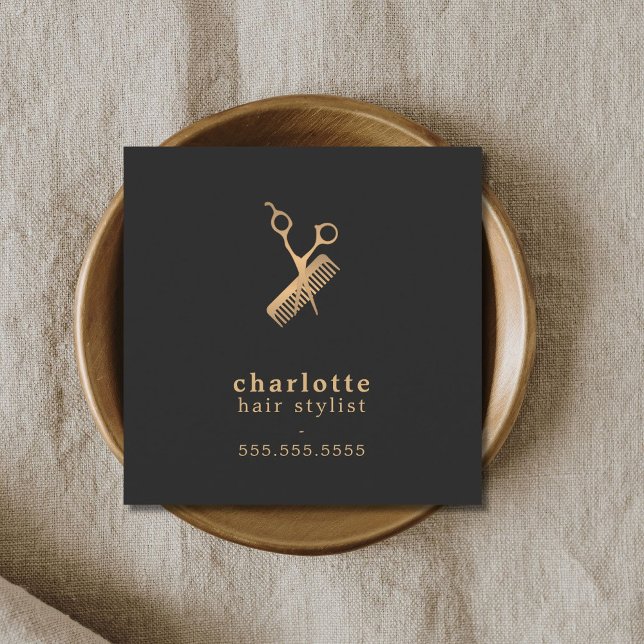 Carte De Visite Carré Elégant Ciseaux Or Faux Faux Peigne Coiffeuse (Créateur téléchargé)