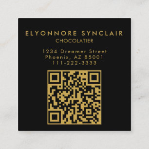 Carte De Visite Carré Élégant Code QR Photo Chocolatier Script Or Noir
