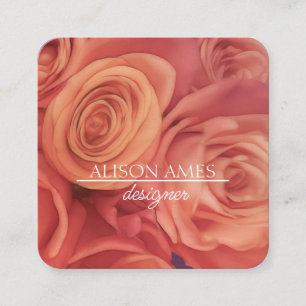 Carte De Visite Carré élégant corail rose roses bouquet romantique affai
