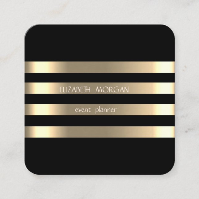 Carte De Visite Carré Élégant Design Moderne Faux Gold Striped, Noir (Devant)