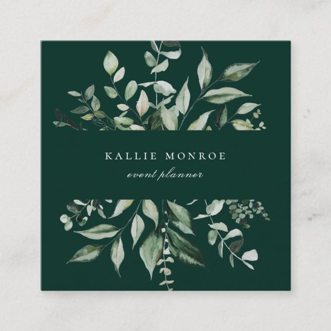 Carte De Visite Carré Élégant émeraude de feuillage sauvage d'aquarelle (Devant)