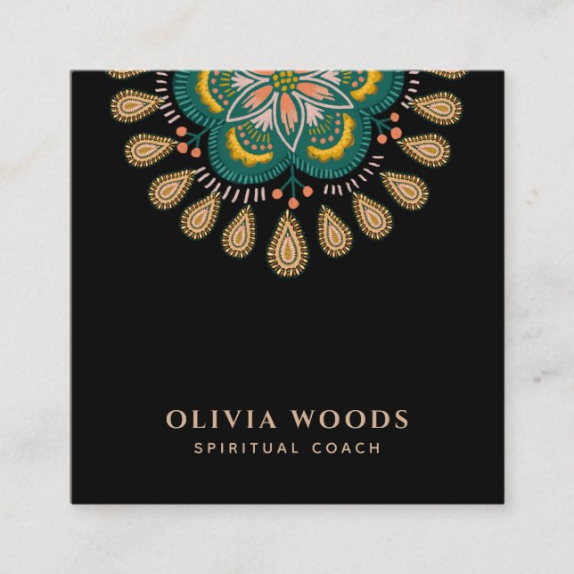 Carte De Visite Carré Élégant entraîneur spirituel Mandala Vert Noir (Devant)