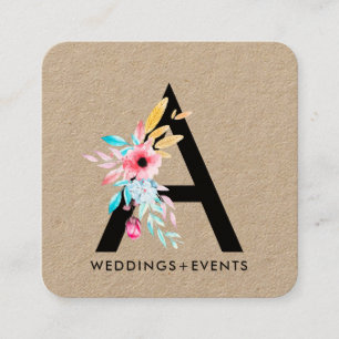 Carte De Visite Carré Élégant fleurs aquarelle floral monogramme kraft