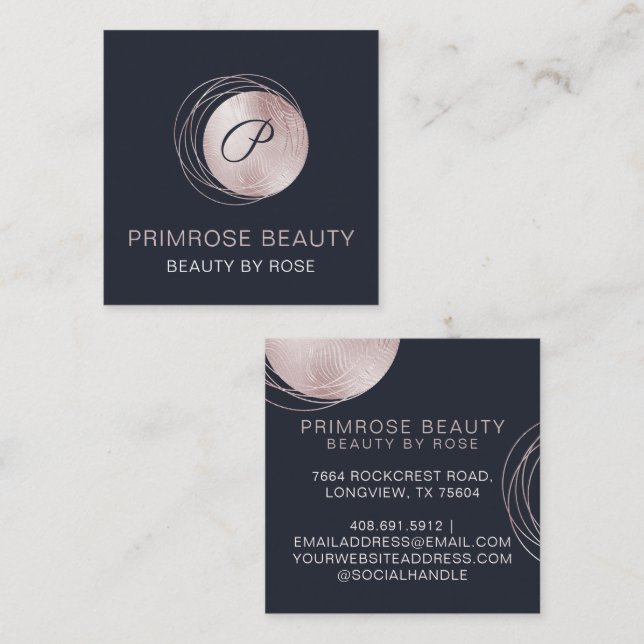 Carte De Visite Carré Elégant Glam Rose Gold Luxury Abstrait Monogramme (Devant / Derrière)