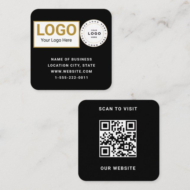 Carte De Visite Carré Élégant Logo Code QR Scan Site Web Noir Blanc (Devant / Derrière)
