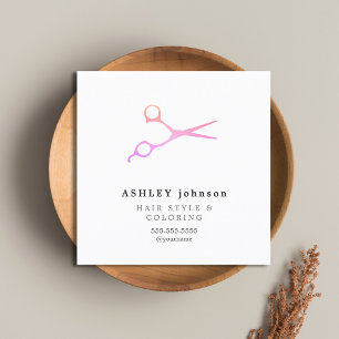 Carte De Visite Carré Elégant minimaliste Ciseaux rose blanche Coiffeur