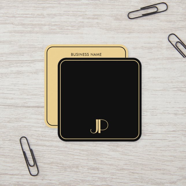 Carte De Visite Carré Élégant Monogram Modèle Luxe Noir Et Or (Devant/Arrière en situation)