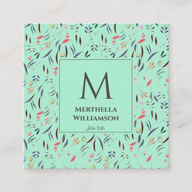 Carte De Visite Carré Élégant MONOGRAM Neo Mint Floral (Devant)