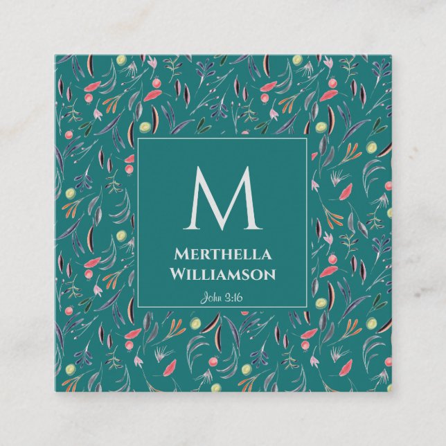 Carte De Visite Carré Élégant MONOGRAM Turquoise Bleu Floral (Devant)
