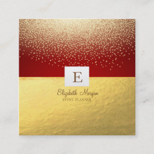 Carte De Visite Carré Elégant Monogramme moderne Gold Confetti, Rouge