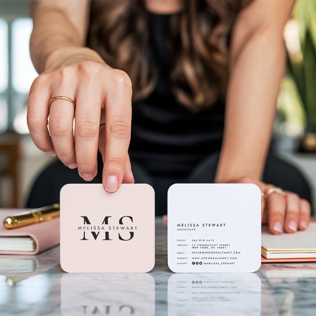 Carte De Visite Carré Élégant monogramme moderne rose pâle arrondi (Elegant monogram modern blush pink rounded)