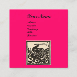 CARTE DE VISITE CARRÉ ÉLÉGANT MONOGRAMME PAON NOIR BLANC ROSE CHAUD