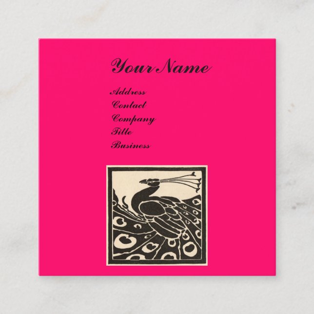 CARTE DE VISITE CARRÉ ÉLÉGANT MONOGRAMME PAON NOIR BLANC ROSE CHAUD (Devant)