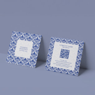 Carte De Visite Carré Elégant Motif Royal Bleu Et Blanc Damas