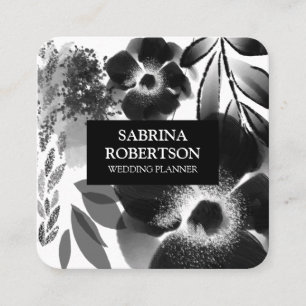 Carte De Visite Carré Élégant noir blanc floral