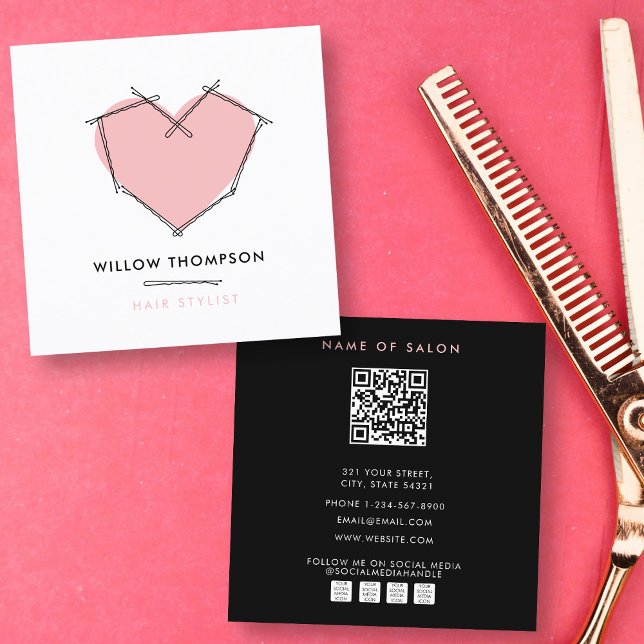 Carte De Visite Carré Élégant noir rose noir Bobby Pins cheveux (Elegant Modern Black Pink Bobby Pins Hair Square Business Card)