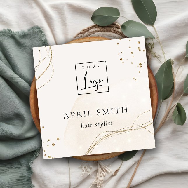 Carte De Visite Carré Élégant Parties scintillant Abstraite ivoire or QR (Créateur téléchargé)