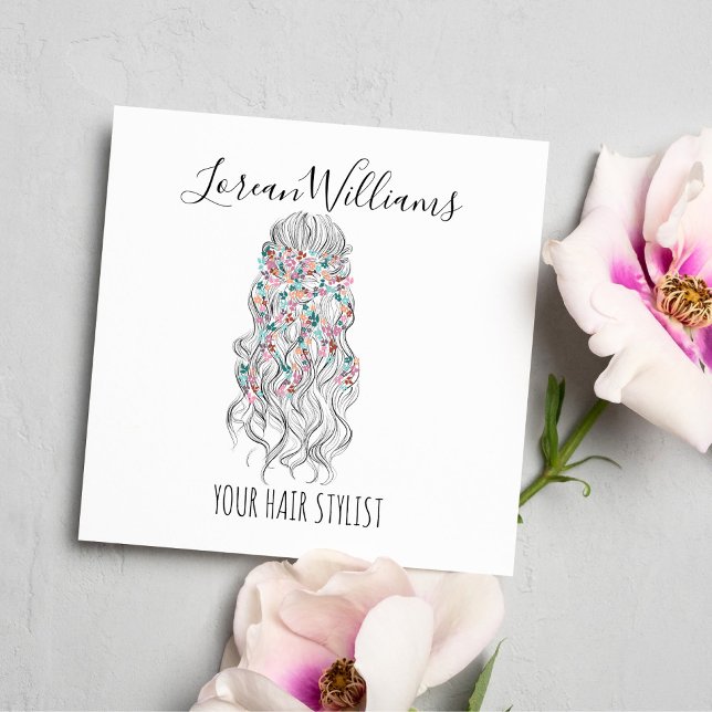 Carte De Visite Carré Élégant Pastel Bride Cheveux Vave Style Floral (Créateur téléchargé)