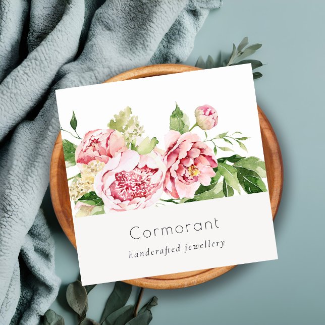 Carte De Visite Carré Elégant rose rose vert Aquarelle Peony Floral (Créateur téléchargé)