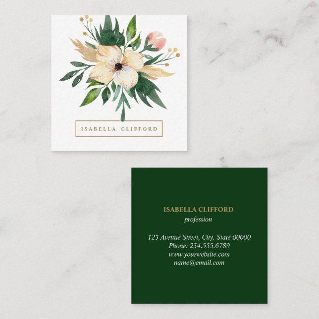 Carte De Visite Carré Elégant salon Spa de jour Vert Fleur Aquarelle (Devant / Derrière)