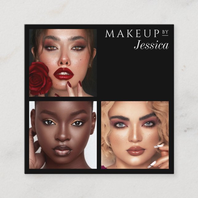 Carte De Visite Carré Elegant Typography Black 3 Photo Makeup (Devant)