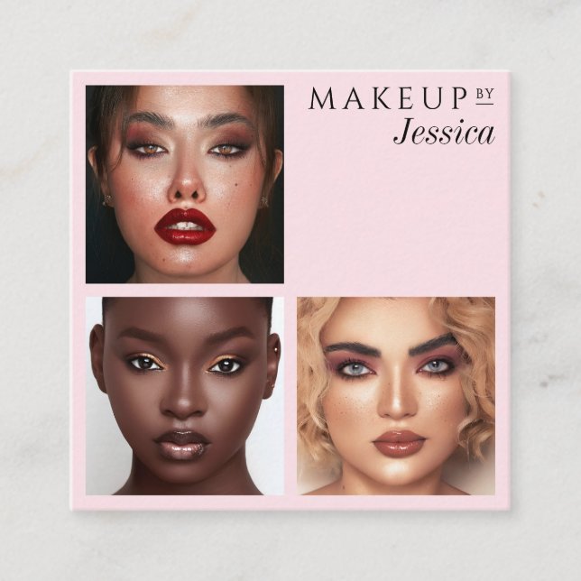 Carte De Visite Carré Elegant Typography Blush Pink 3 Photo Makeup (Devant)