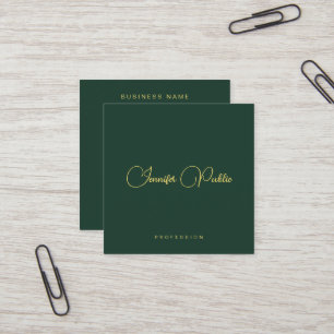 Carte De Visite Carré Élégant Vert Et Or Texte Script Soie Premium