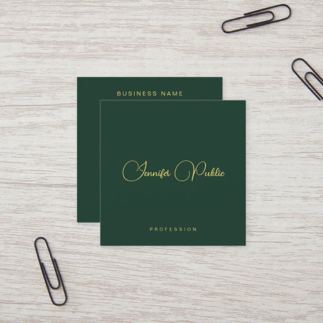 Carte De Visite Carré Élégant Vert Et Or Texte Script Soie Premium (Devant/Arrière en situation)