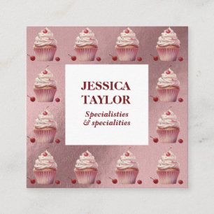 Carte De Visite Carré Élégant vintage Cupcake maison boulangerie rose ro