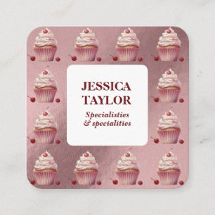 Carte De Visite Carré Élégant vintage Cupcake maison boulangerie rose ro