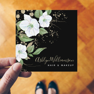Carte De Visite Carré Elégante aquarelle florale Noir Script or moderne