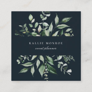 Carte De Visite Carré Elégante aquarelle Foliage sauvage Bleu foncé