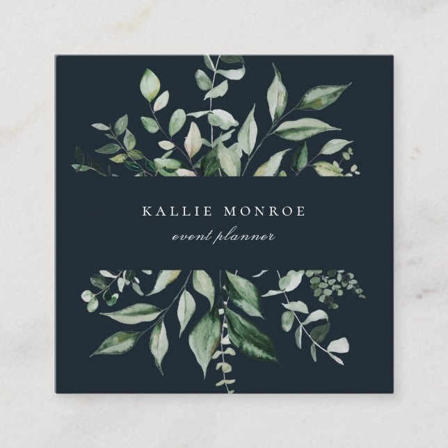 Carte De Visite Carré Elégante aquarelle Foliage sauvage Bleu foncé (Devant)