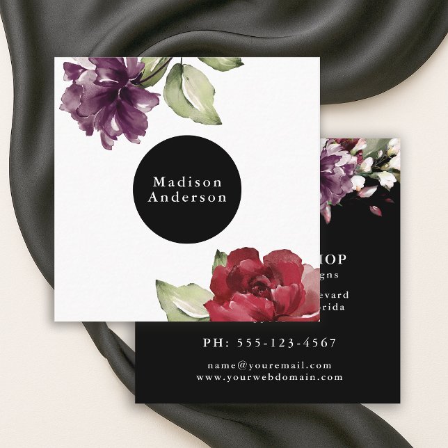 Carte De Visite Carré Elégante aquarelle rouge et prune Floral (Créateur téléchargé)