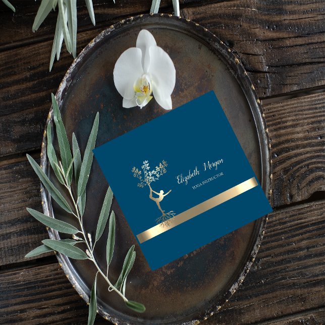 Carte De Visite Carré Elégante Bande Or, Arbre Femmes Silhouette Yoga (Créateur téléchargé)