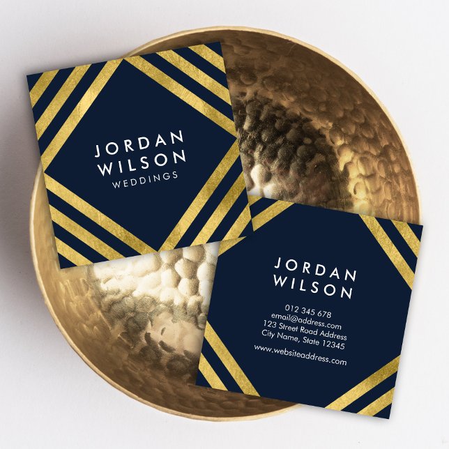 Carte De Visite Carré Elégante Blue Faux Gold Lignes Carrés géométriques (Créateur téléchargé)