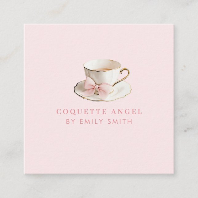 Carte De Visite Carré Elégante Coquette Preppy Pink Teacup avec Bow (Devant)