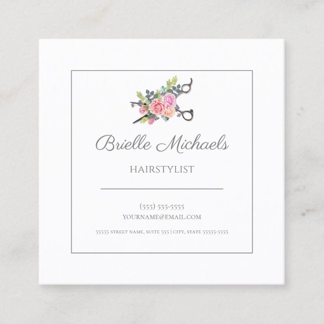 Carte De Visite Carré Elégante coupe-cheveux florale ciseaux Styliste de (Devant)