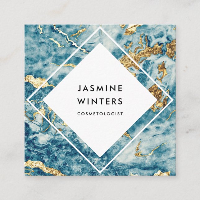 Carte De Visite Carré Elégante feuille d'or bleu marbre aquarelle diaman (Devant)
