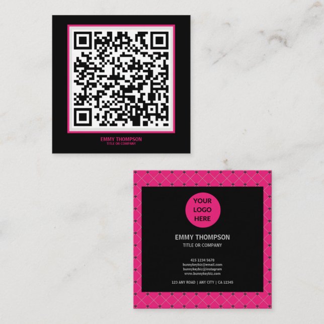 Carte De Visite Carré Elégante Hot Pink Magenta Black QR Scan Company (Devant / Derrière)