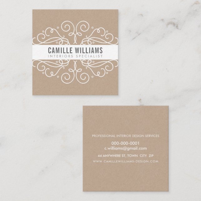 Carte De Visite Carré ÉLÉGANTE tourbillons design Art nouveau Eco Kraft  (Devant / Derrière)