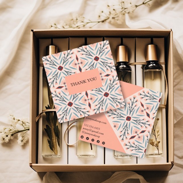 Carte De Visite Carré Elégants carreaux floraux Merci géométrique (Pretty pink pattern thank you business cards with social media icons)