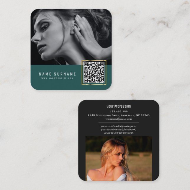 Carte De Visite Carré Emerald scannable code à barres QR code photo (Devant / Derrière)