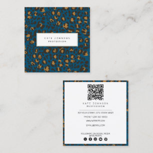 Carte De Visite Carré Empreinte de léopard de peau animale Motif bleu QR